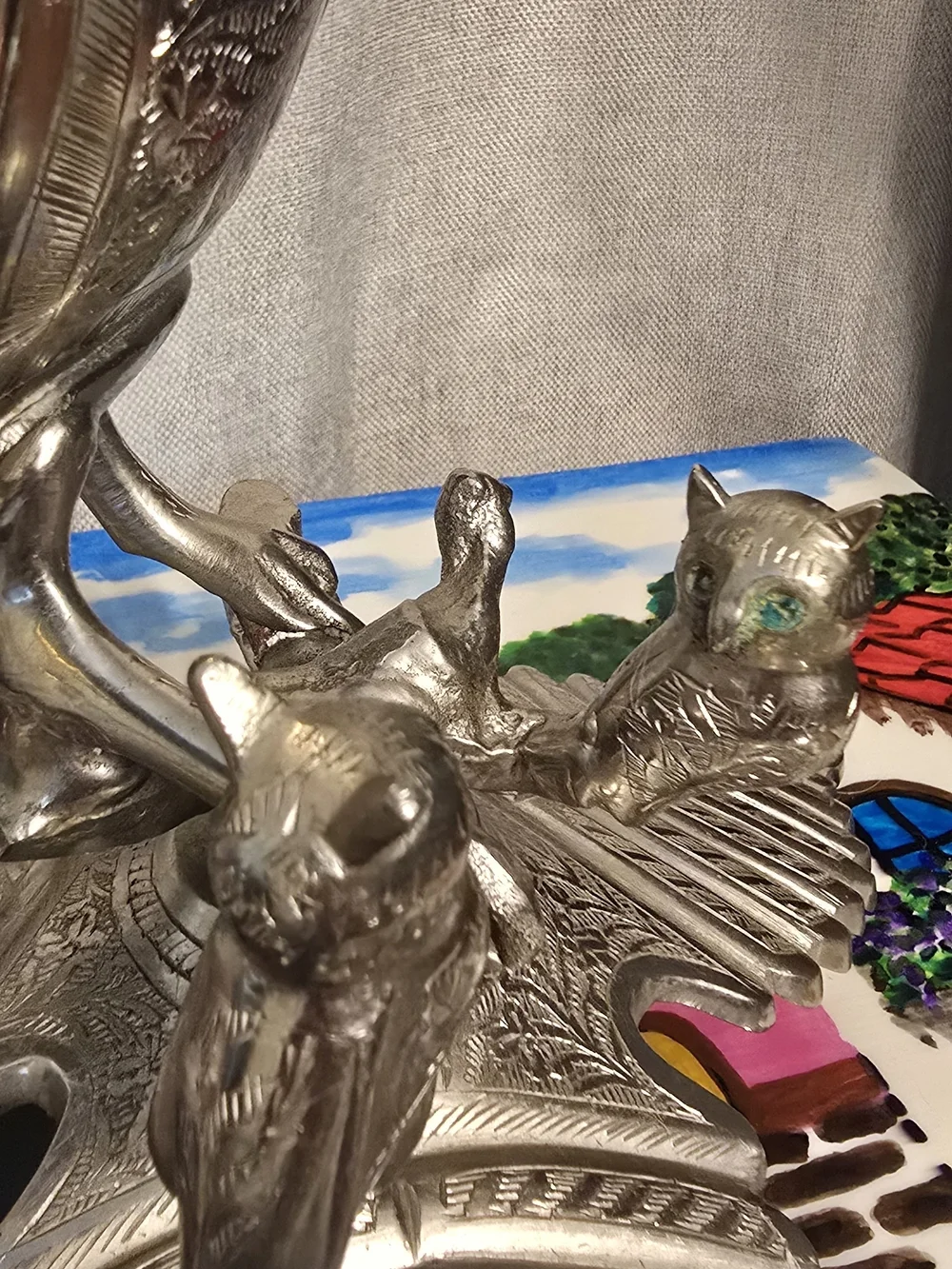 Vintage Mid-Century Fred Zimbalist Silver-Plated Owl & Owlets Figural Music Box